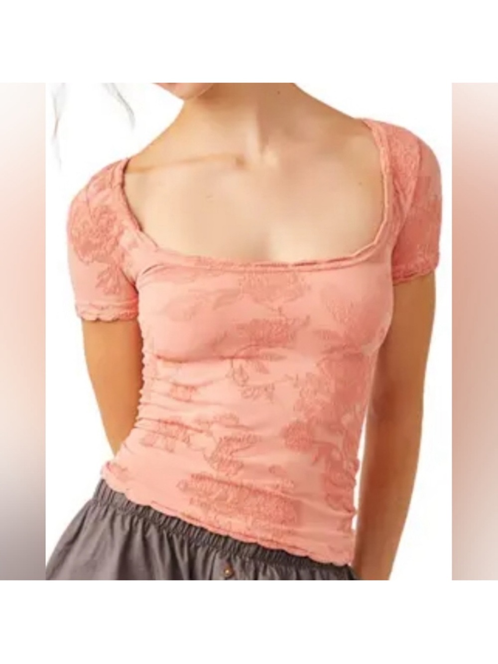 Square-Neck Short Sleeve Lace-Detail Pink Tee